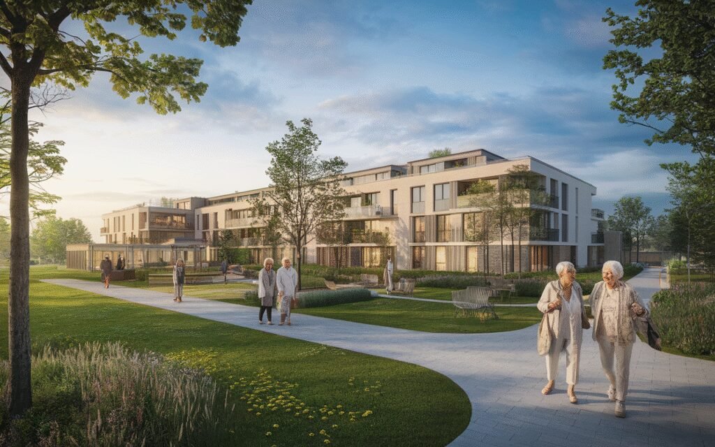 Façade de la résidence seniors services à Saint-Germain-lès-Corbeil avec jardin paysager