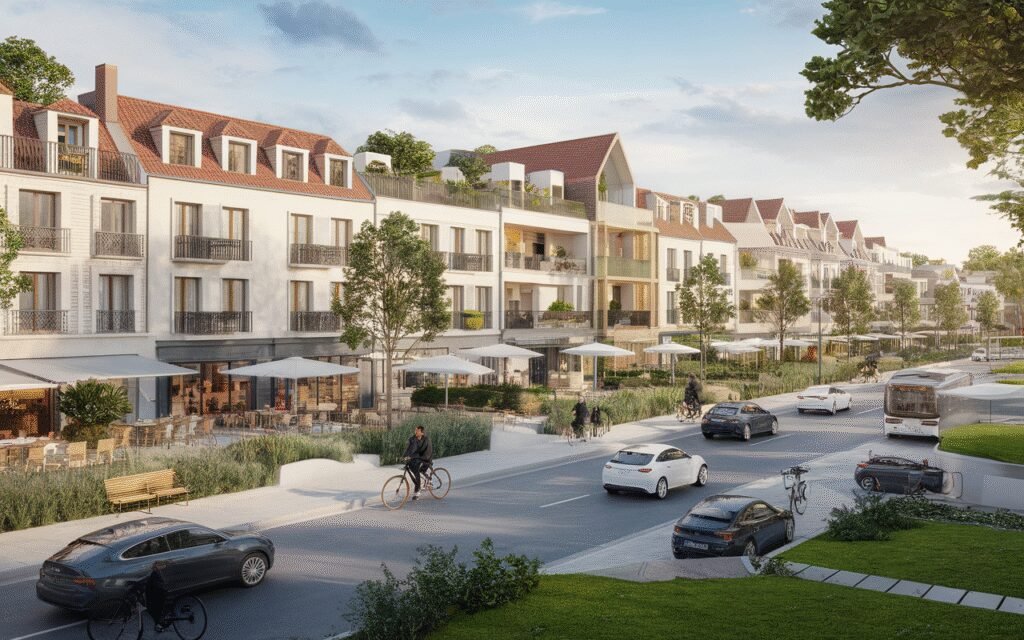 Vue d'une rue piétonne à Saint-Germain-lès-Corbeil avec des habitants se déplaçant à vélo et à pied