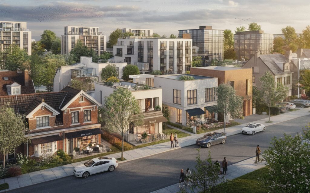 Vue d'ensemble d'un quartier résidentiel représentant le marché immobilier local
