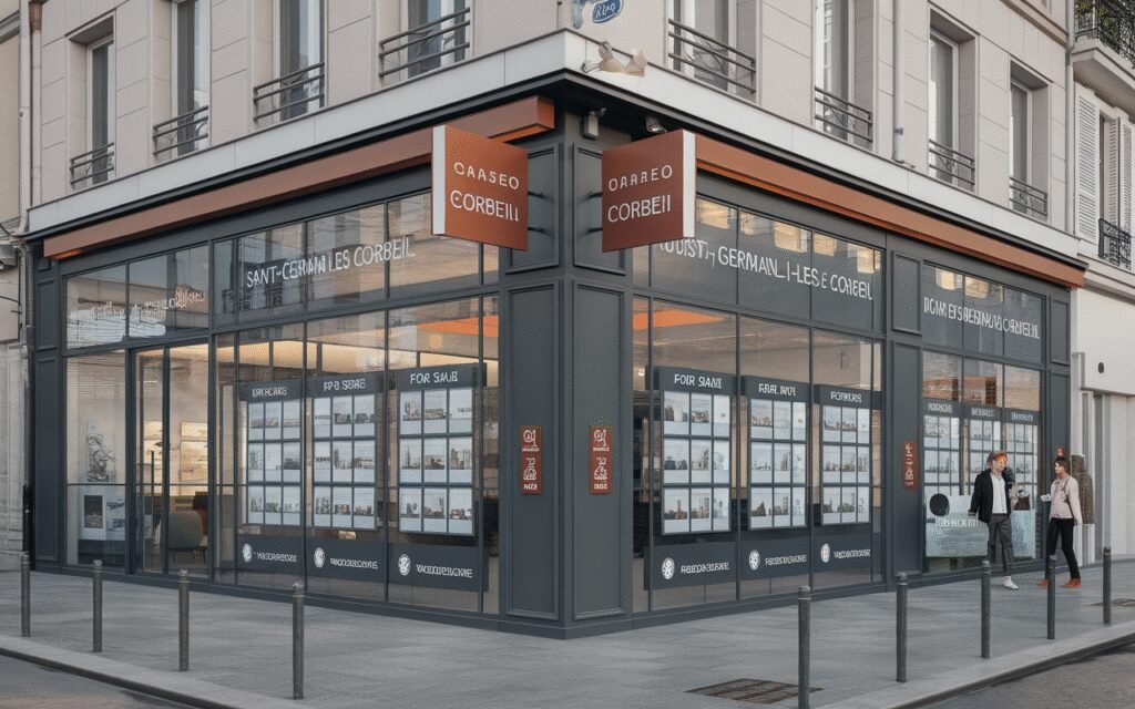 Façade d'une agence immobilière située dans le département de l'Essonne, code postal 91250