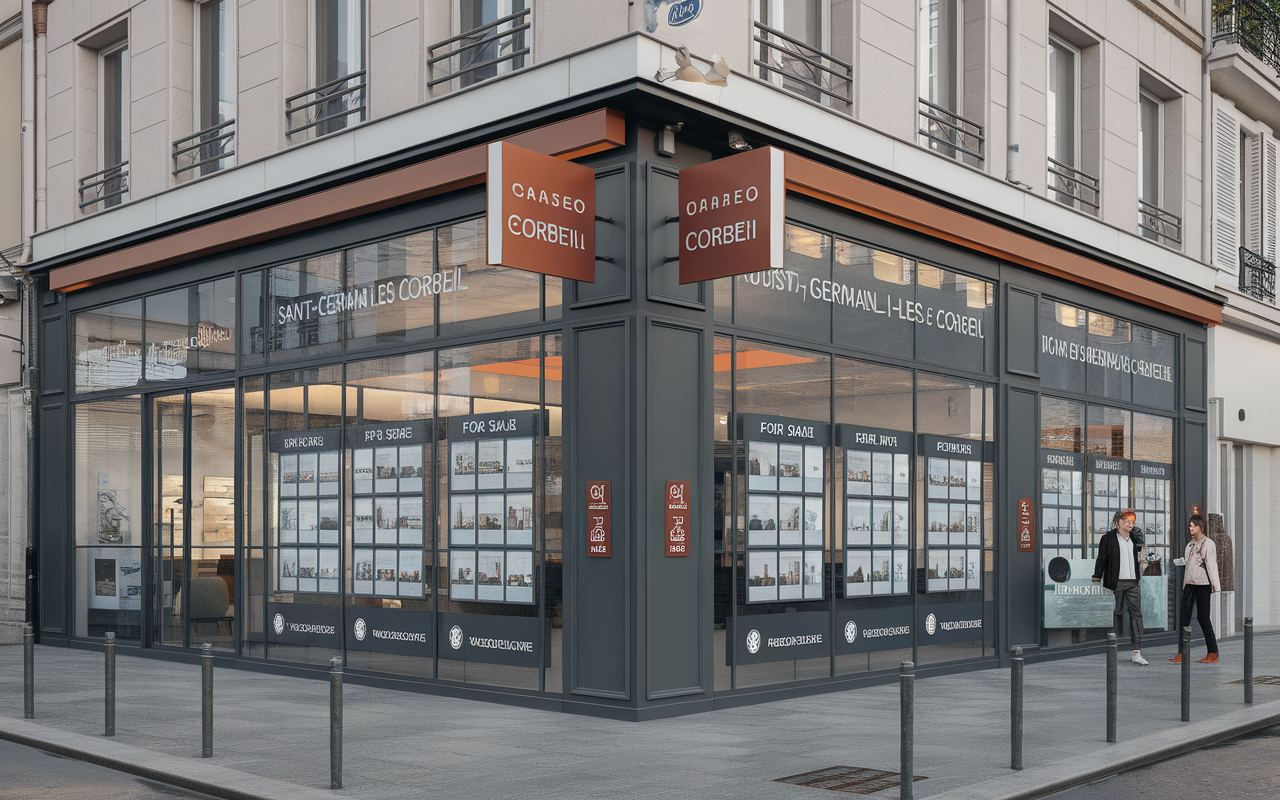 Façade d'une agence immobilière située dans le département de l'Essonne, code postal 91250