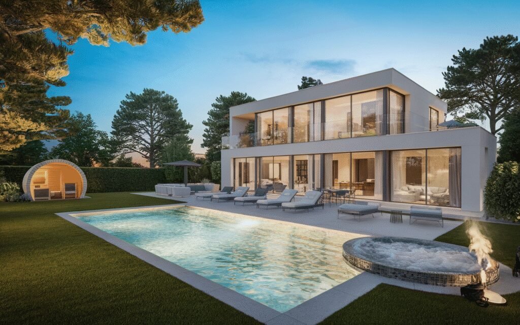Vue d'une maison moderne avec piscine à Saint-Germain-lès-Corbeil
