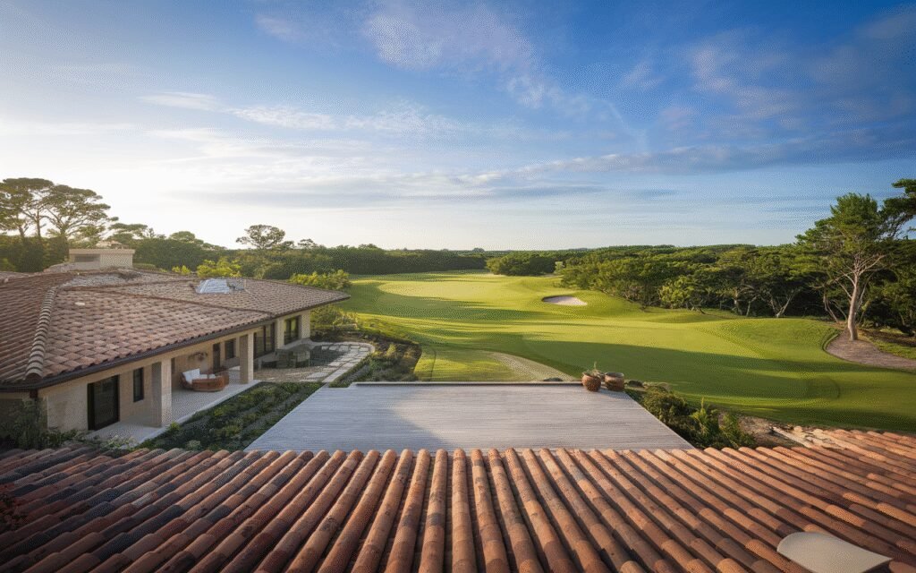 Vue d'une maison à vendre située près d'un terrain de golf