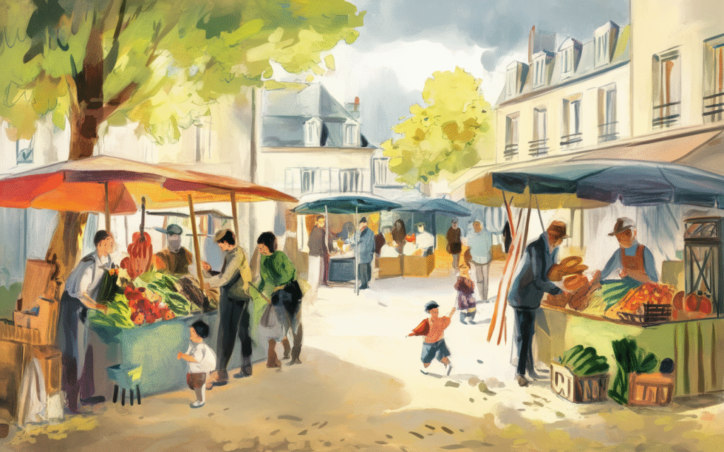 Scène de vie locale à Saint-Germain-lès-Corbeil avec habitants et commerces