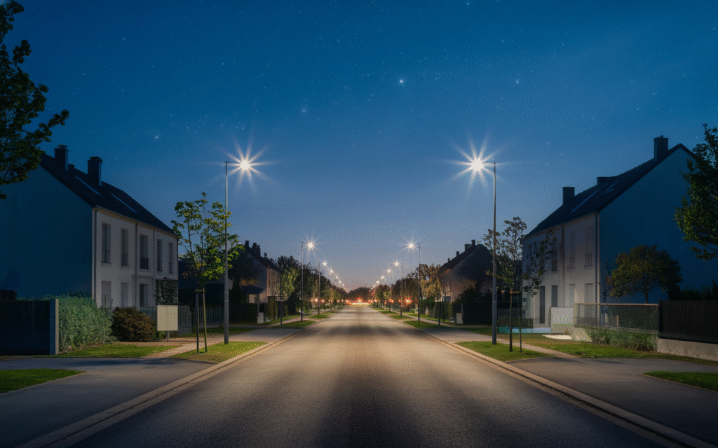 Rue paisible de Saint-Germain-lès-Corbeil illuminée la nuit