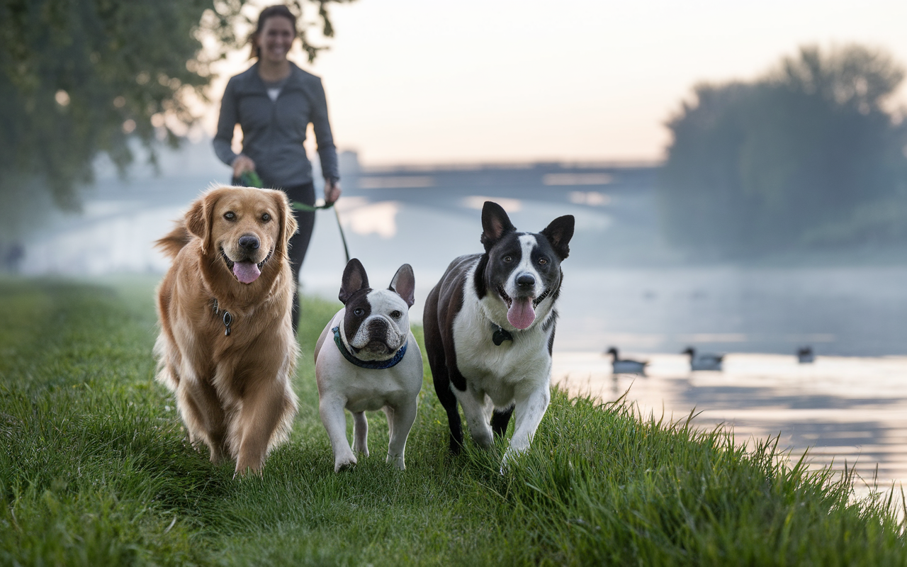 Deux chiens en promenade le long de la Seine à Saint-Germain-lès-Corbeil