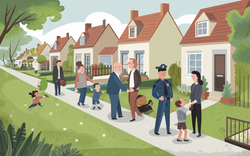 Voisins discutant dans une rue résidentielle à Saint-Germain-lès-Corbeil