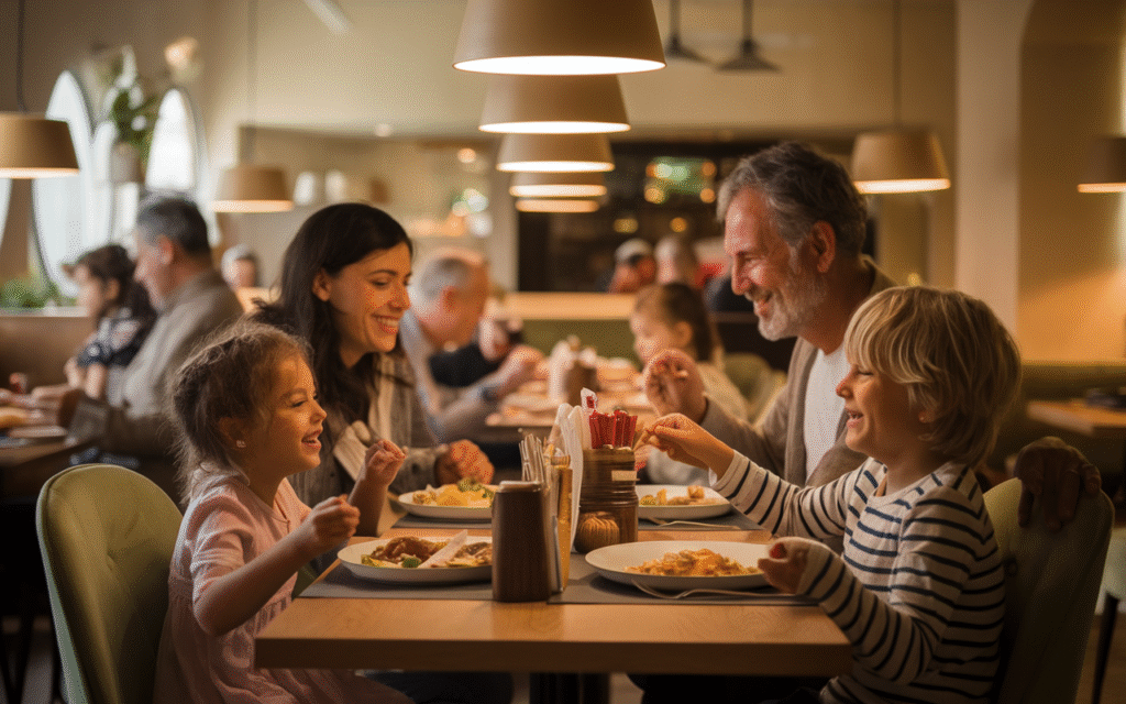 Famille dînant dans un restaurant convivial à Saint-Germain-lès-Corbeil