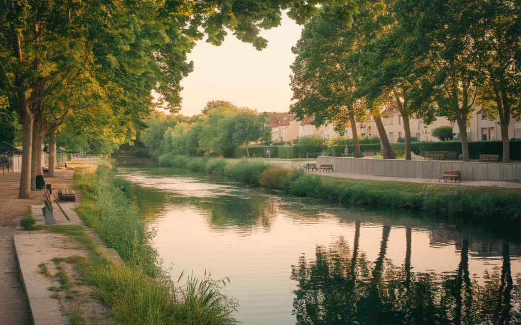 Vue des riverains se promenant le long de la Seine à Saint-Germain-lès-Corbeil