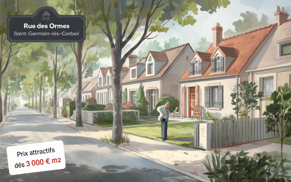 Vue de la Rue des Ormes dans le quartier Les Graviers à Saint-Germain-lès-Corbeil avec maisons et environnement résidentiel