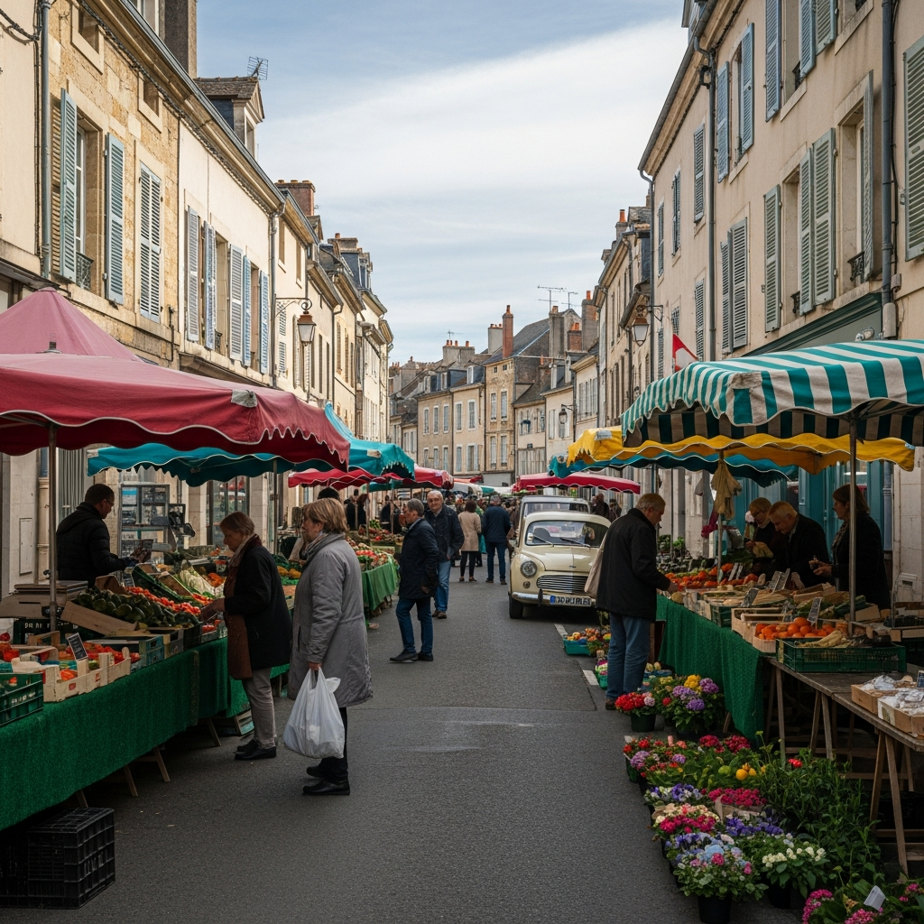 Vue animée du marché du dimanche à Saint-Germain-lès-Corbeil avec des étals colorés et des visiteurs